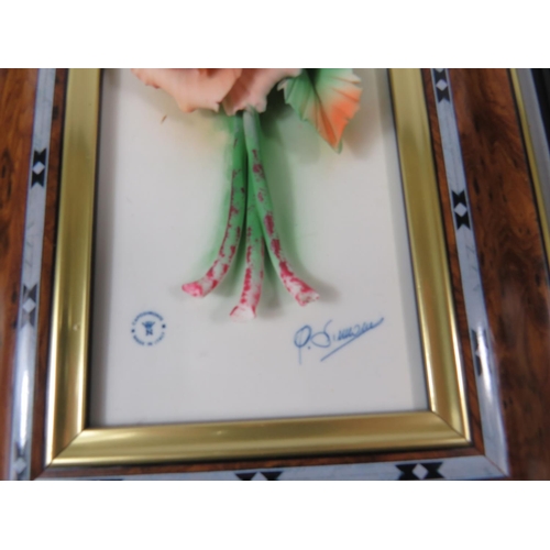 31 - Four M&S Hand painted resin wall plaques together with Framed Capodimonte floral displays.   See pho... 