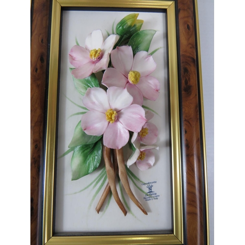 31 - Four M&S Hand painted resin wall plaques together with Framed Capodimonte floral displays.   See pho... 