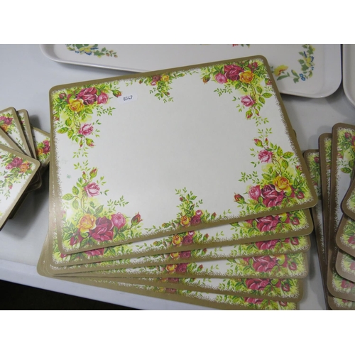 37 - Two Aynsley Plastic Trays in the Cottage Garden pattern together with other Melamime place mats/coas... 