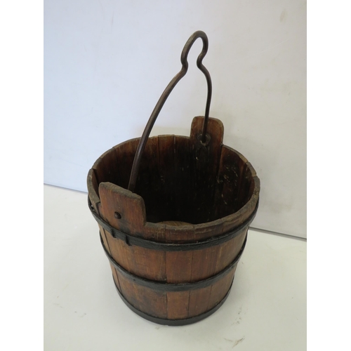 804 - Vintage oak bucket with cast iron banding.