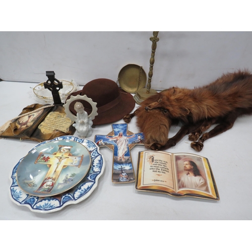 806 - Mixed lot including a fox stole, religious plates, Nao figurine etc.