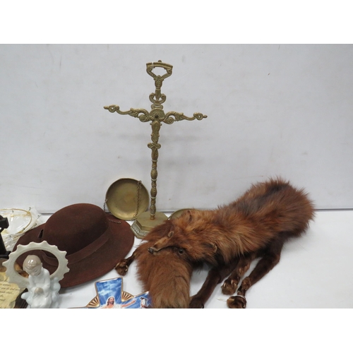 806 - Mixed lot including a fox stole, religious plates, Nao figurine etc.