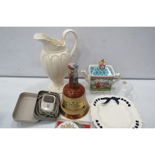 808 - Mixed ceramics lot including a full Wade bells whiskey decanter, Sadler teapot, Creamware etc.