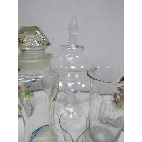 809 - Selection of apothecary jars and measures and a Yardley soap dish and figurine.