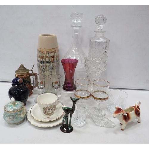 811 - Mixed ceramics and glass lot including decanters, art glass, blue mountain pottery etc.