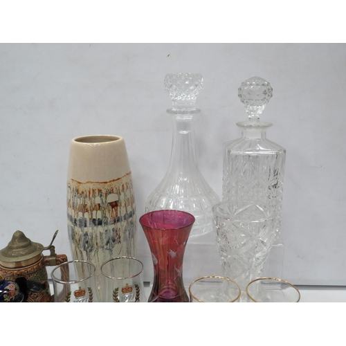 811 - Mixed ceramics and glass lot including decanters, art glass, blue mountain pottery etc.