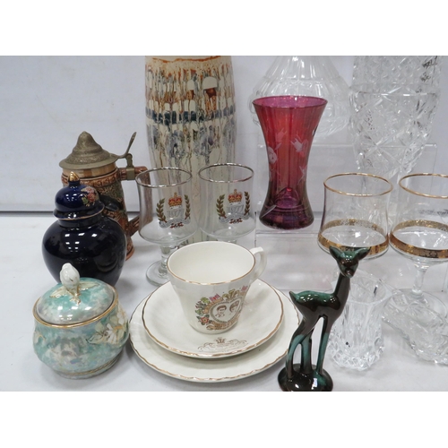 811 - Mixed ceramics and glass lot including decanters, art glass, blue mountain pottery etc.