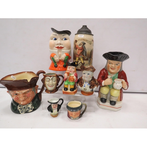 828 - Selection of various toby jugs and a Falstaff german tankard.