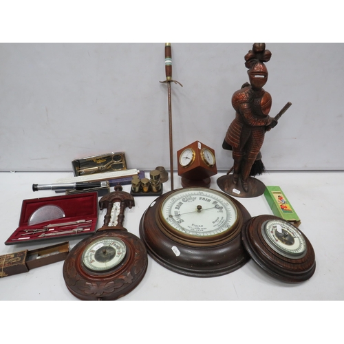 835 - Mixed lot to include Barometers, brass weights, companion set etc.