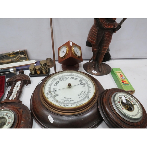 835 - Mixed lot to include Barometers, brass weights, companion set etc.