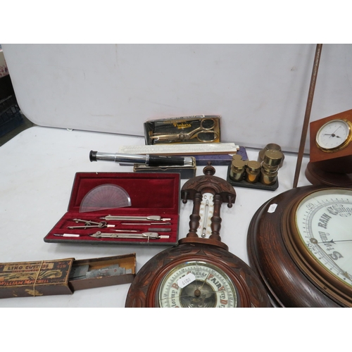 835 - Mixed lot to include Barometers, brass weights, companion set etc.