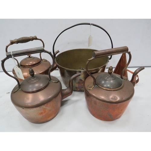 842 - Brass Jam pan, 4 copper kettles and a large copper snuffer.