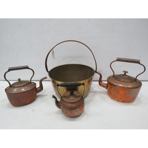 844 - Brass jam pan and 3 copper kettles.