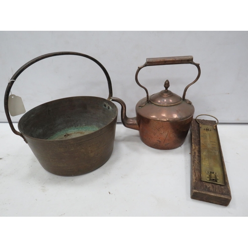 846 - Brass jam pan , copper kettle and brass thermometer housing in wooden case.