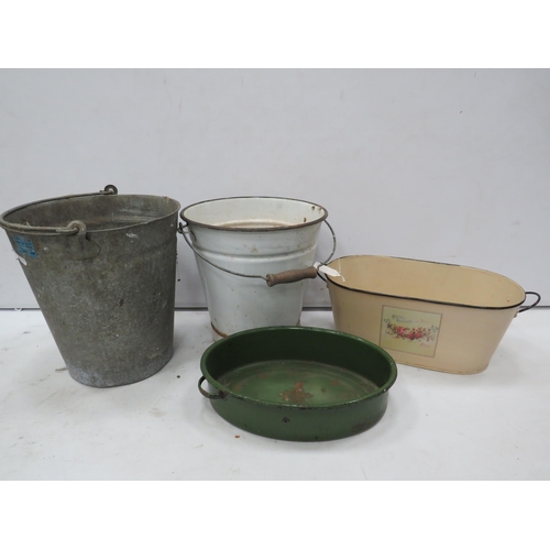 847 - Enamel and aluminium buckets, planter and a pan.