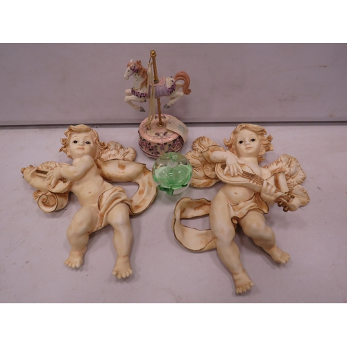 852 - 2 large cherub wall plaques, Glass paperweight etc.