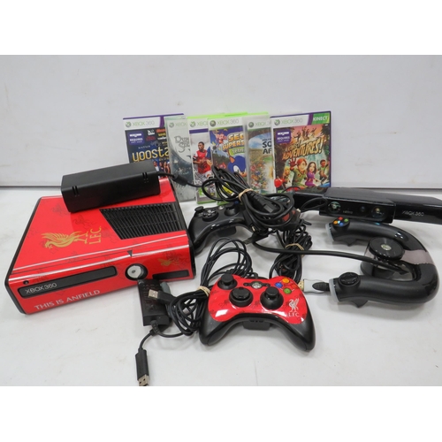 859 - XBOX 360 in a Liverpool decal with games and accessories. All Tested and in working order.