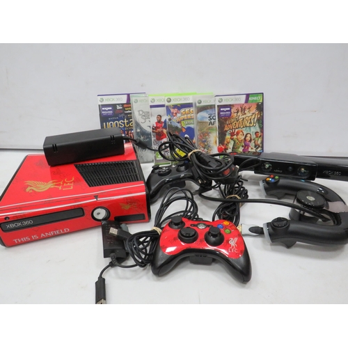 859 - XBOX 360 in a Liverpool decal with games and accessories. All Tested and in working order.