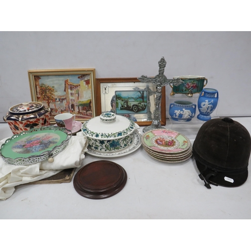 863 - Mixed lot of various collectable items including a Rolls Royce mirror, silver plated crucifix, ceram... 