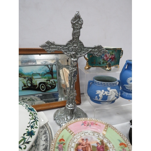 863 - Mixed lot of various collectable items including a Rolls Royce mirror, silver plated crucifix, ceram... 