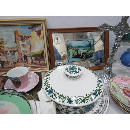 863 - Mixed lot of various collectable items including a Rolls Royce mirror, silver plated crucifix, ceram... 