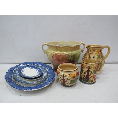 864 - Large vintage planter, blue and white serving plates and Indian tree ceramics.