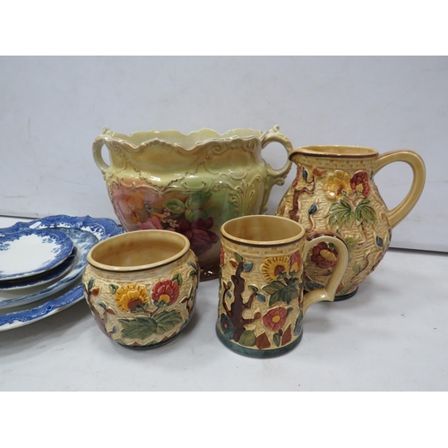 864 - Large vintage planter, blue and white serving plates and Indian tree ceramics.