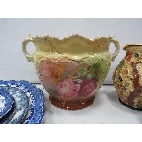 864 - Large vintage planter, blue and white serving plates and Indian tree ceramics.