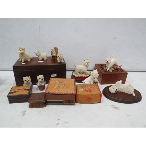 883 - Selection of vintage wooden trinket boxes and West Highland terrier figurines.