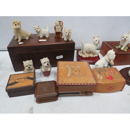 883 - Selection of vintage wooden trinket boxes and West Highland terrier figurines.