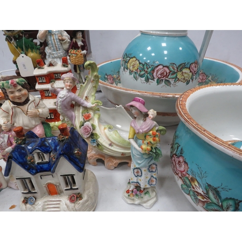 898 - Large selection of various antique ceramics including Staffordhire cottages, Wash bowl and jug set e... 