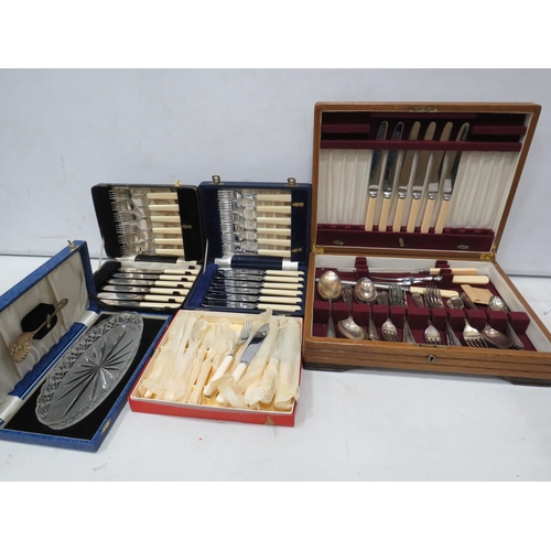 943 - Canteen of cutlery in wooden box, Fish knife and fork sets etc