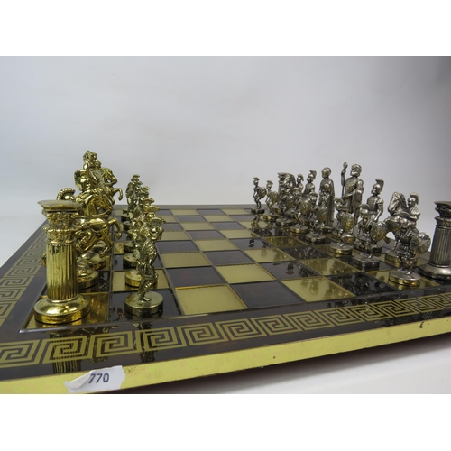 210 - Roman Empire chess set and Board with brass and white metal pieces, 44 cm by 44cm board. Tallest pie... 