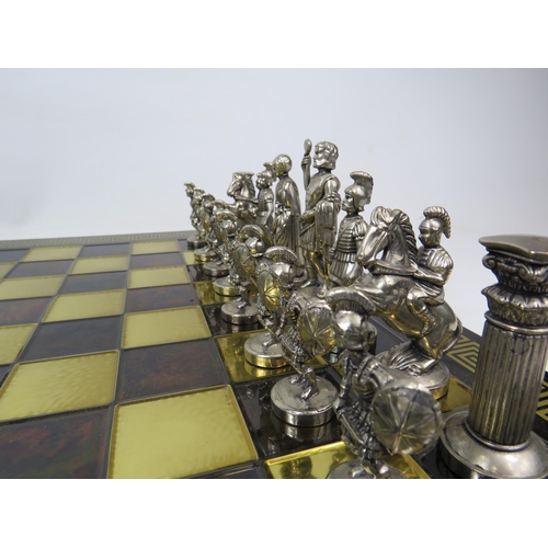 210 - Roman Empire chess set and Board with brass and white metal pieces, 44 cm by 44cm board. Tallest pie... 