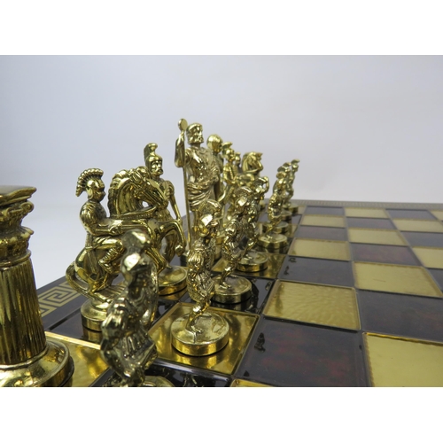 210 - Roman Empire chess set and Board with brass and white metal pieces, 44 cm by 44cm board. Tallest pie... 