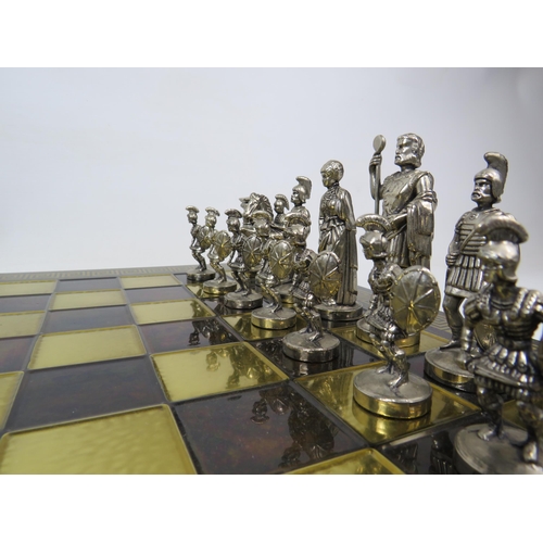 210 - Roman Empire chess set and Board with brass and white metal pieces, 44 cm by 44cm board. Tallest pie... 