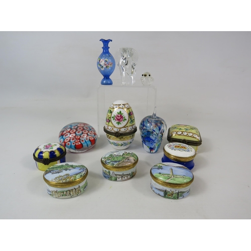 212 - Selection of enamel pill boxes and glass paperweights etc including 3 Rare Crummles pill boxes.