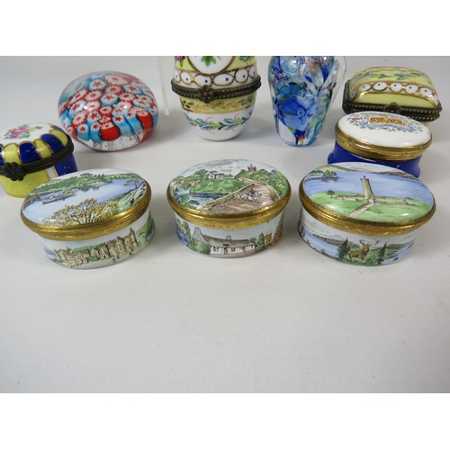 212 - Selection of enamel pill boxes and glass paperweights etc including 3 Rare Crummles pill boxes.