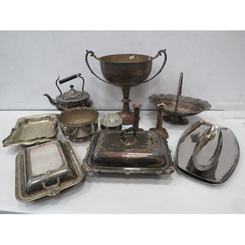 947 - Large selection of silver plated items including a large trophy, spirit kettle etc.