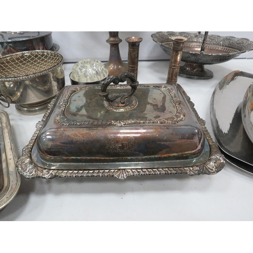 947 - Large selection of silver plated items including a large trophy, spirit kettle etc.