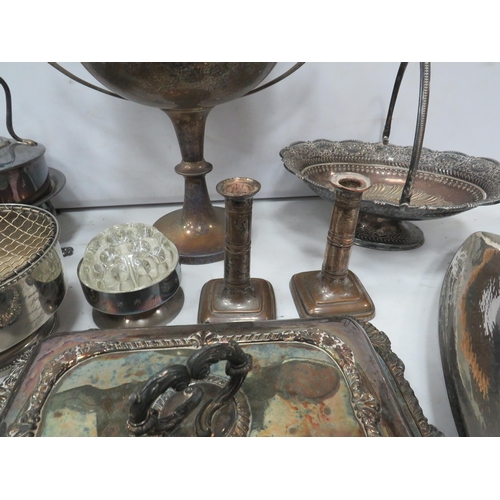 947 - Large selection of silver plated items including a large trophy, spirit kettle etc.