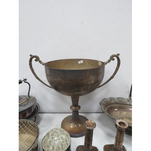 947 - Large selection of silver plated items including a large trophy, spirit kettle etc.