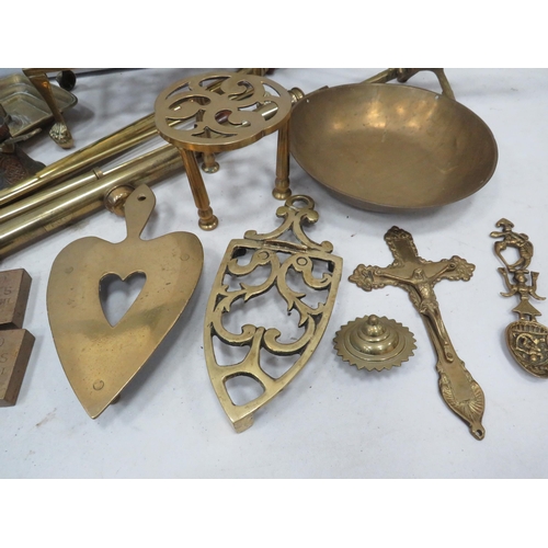 966 - Good selection of brass items, trivots, pumps, ornaments and two copper cast irons.