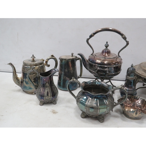 974 - Good selection of silver plated items including spirit kettle, teapots, tureen etc.