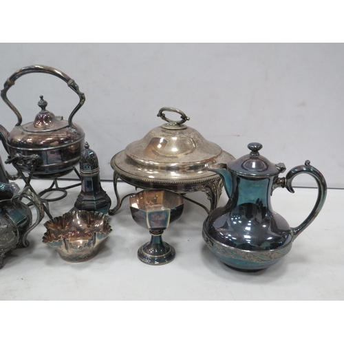 974 - Good selection of silver plated items including spirit kettle, teapots, tureen etc.