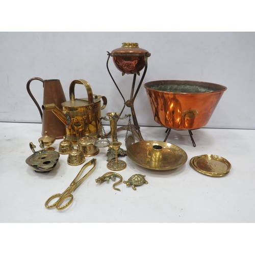 975 - Various mixed brass and copper items including brass watering can.