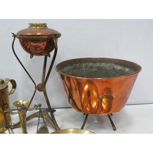 975 - Various mixed brass and copper items including brass watering can.