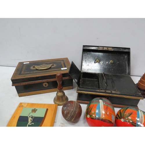 976 - Mixed lot to include 2 vinatge cash tins, Royal Signals plaque, cricket mallet and ball etc.