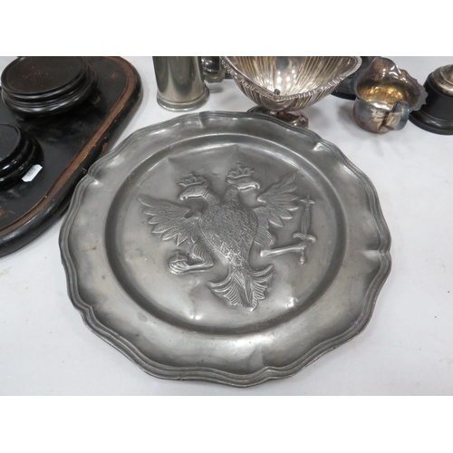 978 - Mixed lot to include a Pewter charger, copper aztec plate, wine cooler bucket etc.