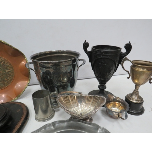 978 - Mixed lot to include a Pewter charger, copper aztec plate, wine cooler bucket etc.